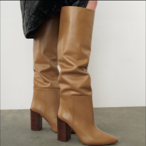 ZARA Heeled Leather Knee High Boots - Picture 3 of 11